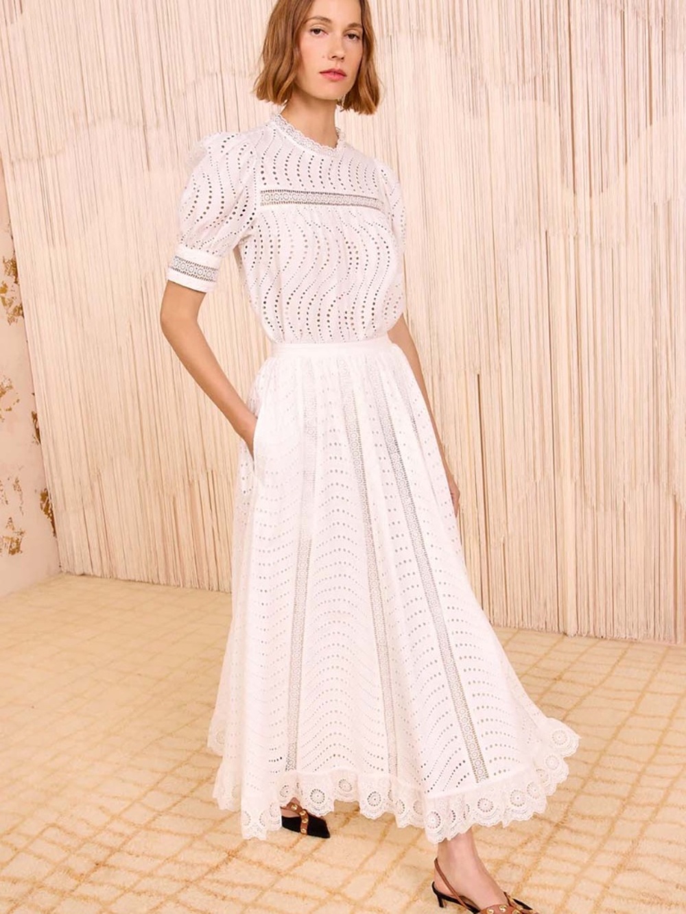 ULLA JOHNSON - Ren High Waist Lace Trim Midi Skirt - Pristine